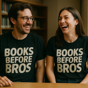 Person wearing the black studying t shirt graphic tee - "Books Before Bros" design