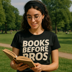 Lifestyle shot of the "Books Before Bros" black studying t shirt in a real-world setting