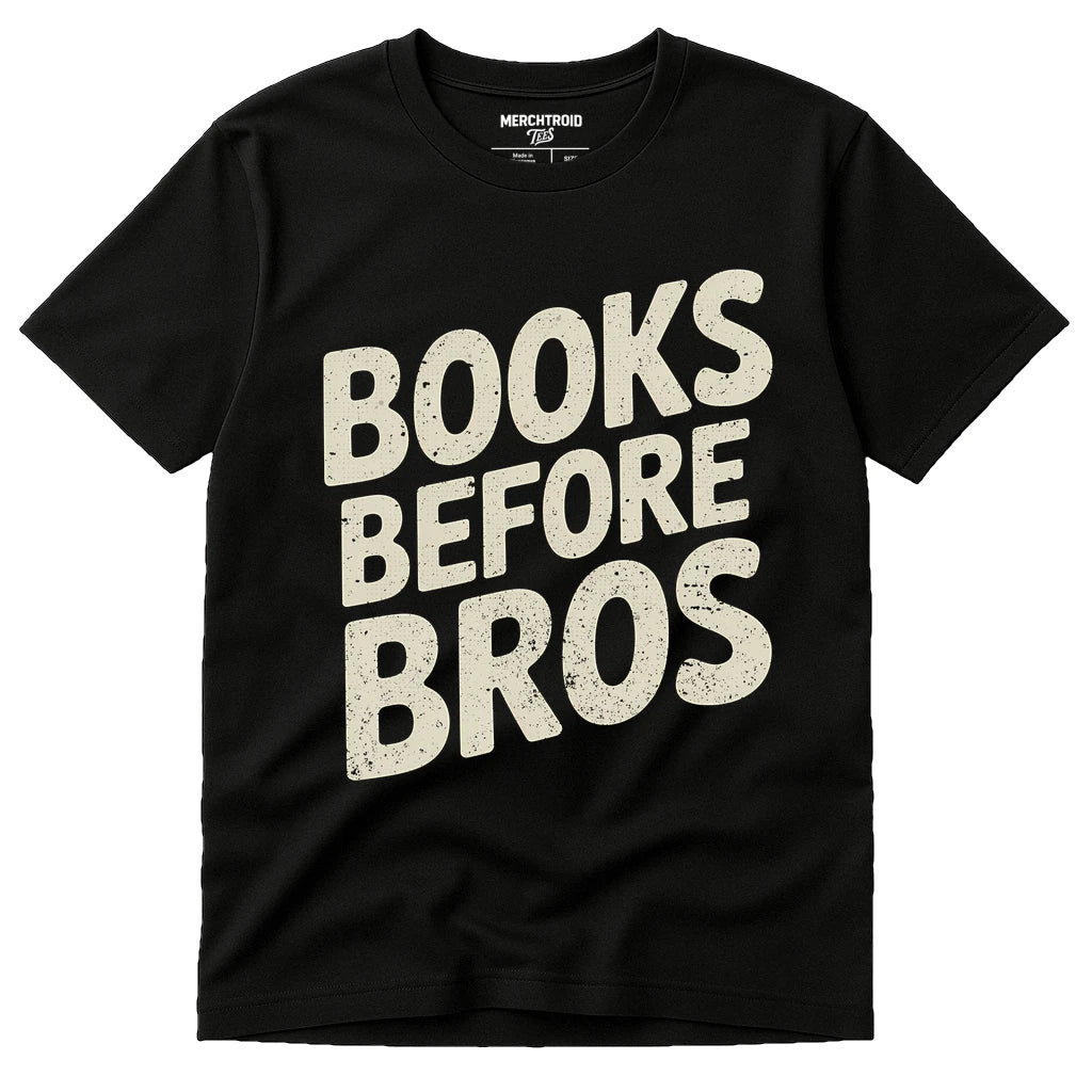 Black Studying T Shirt - "Books Before Bros" graphic tee with beige print, flat lay product photo