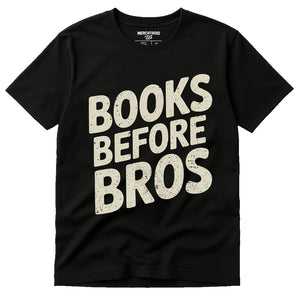 Black Studying T Shirt - "Books Before Bros" graphic tee with beige print, flat lay product photo