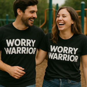 Person wearing the black mom life t shirt designs graphic tee - "Worry Warrior" design