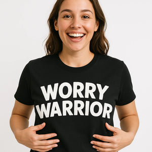 Close-up of the "Worry Warrior" white print on a premium Bella+Canvas black mom life t shirt designs