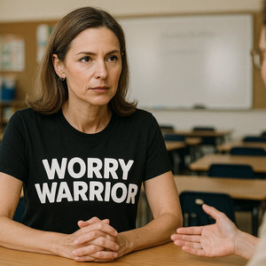 Lifestyle shot of the "Worry Warrior" black mom life t shirt designs in a real-world setting
