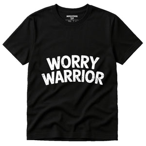 Black Mom Life T Shirt Designs - "Worry Warrior" graphic tee with white print, flat lay product photo