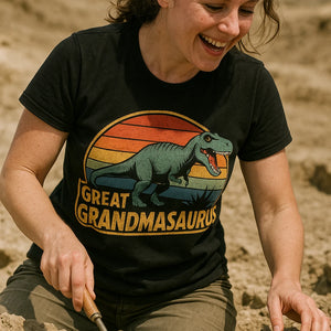 "Great Grandmasaurus" black paleontology shirts, photographed as gifts for paleontology lovers