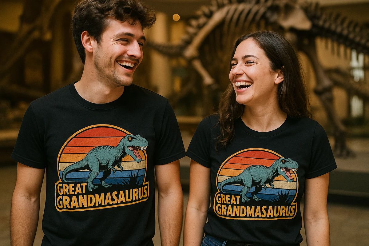 Person wearing the black paleontology shirts graphic tee - "Great Grandmasaurus" design