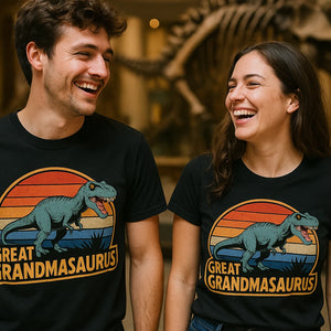 Person wearing the black paleontology shirts graphic tee - "Great Grandmasaurus" design