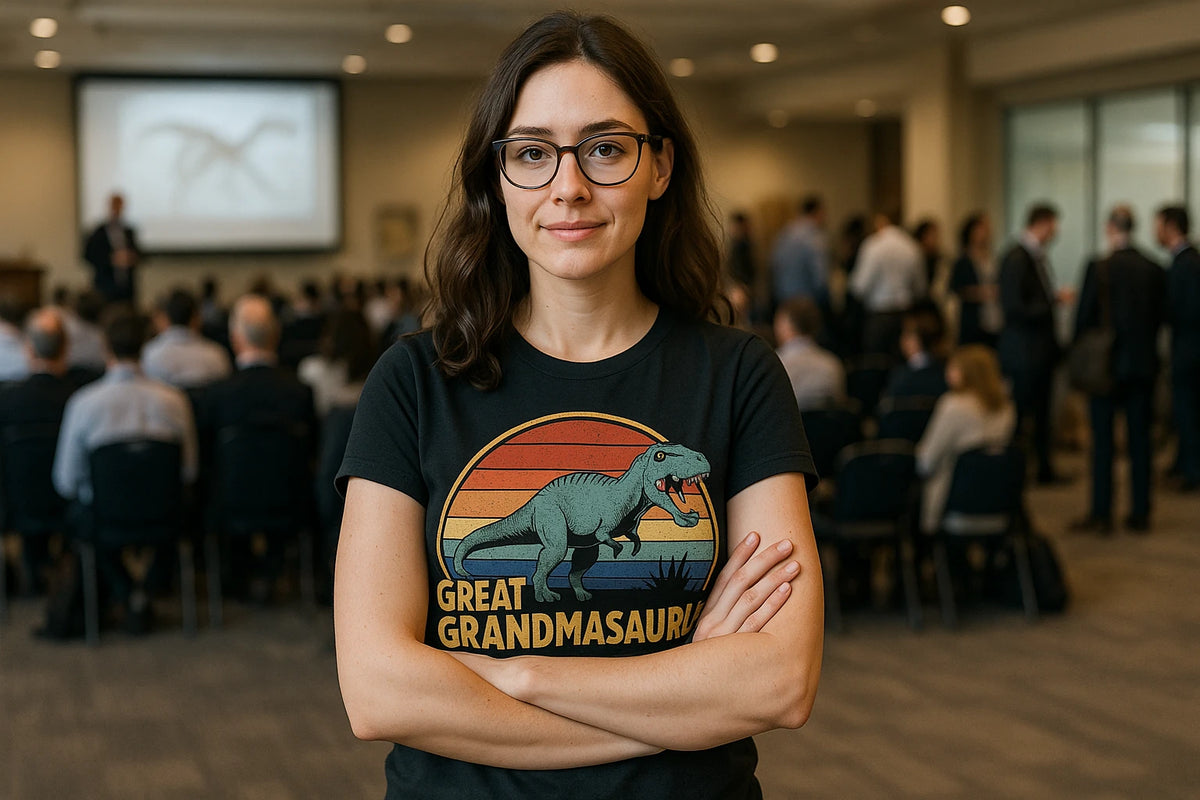 Lifestyle shot of the "Great Grandmasaurus" black paleontology shirts in a real-world setting