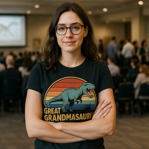 Lifestyle shot of the "Great Grandmasaurus" black paleontology shirts in a real-world setting