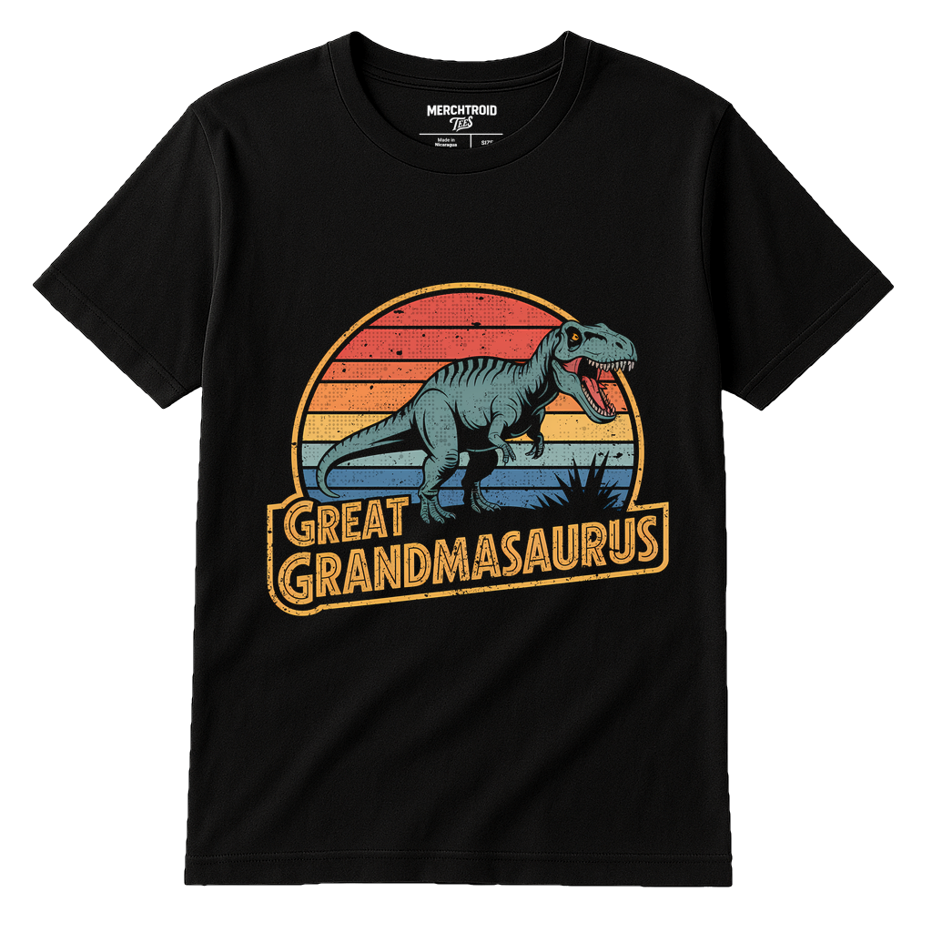 Black Paleontology Shirts - "Great Grandmasaurus" graphic tee with orange print, flat lay product photo