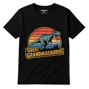 Black Paleontology Shirts - "Great Grandmasaurus" graphic tee with orange print, flat lay product photo