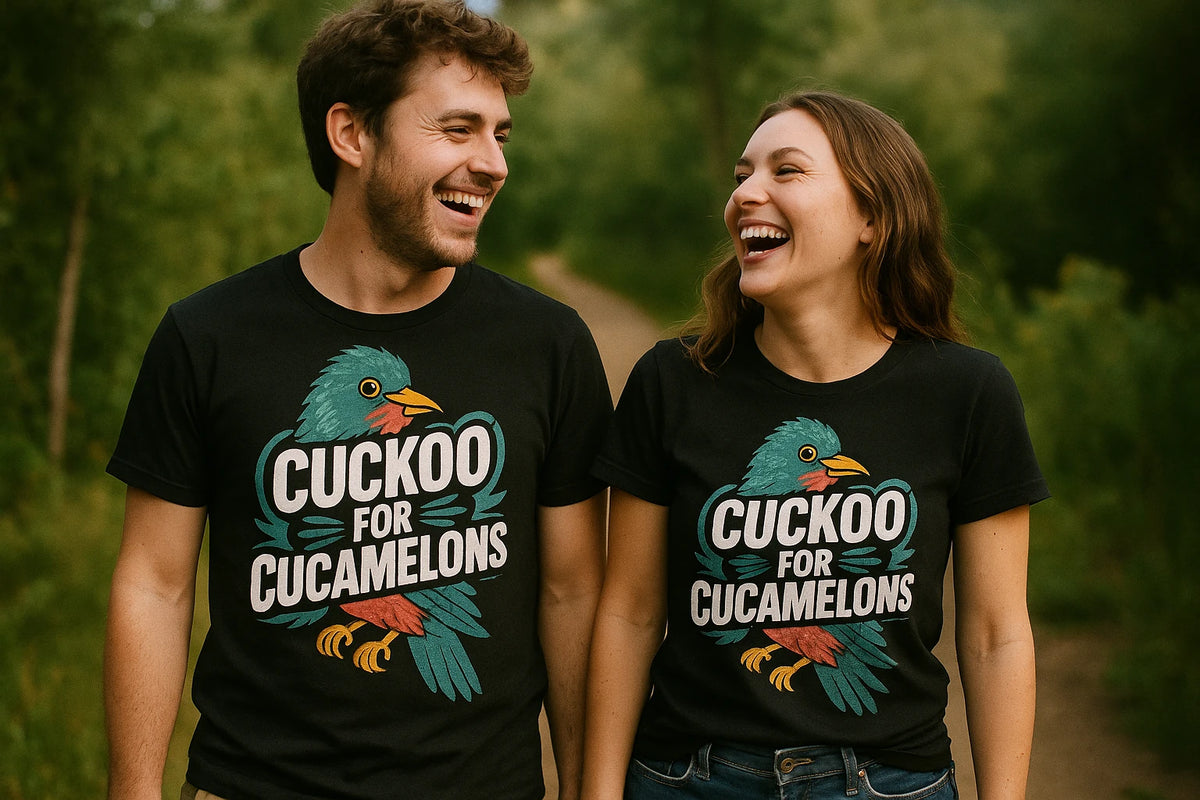 Person wearing the black cuckoo t shirt graphic tee - "Cuckoo for Cucamelons" design