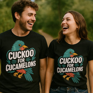 Person wearing the black cuckoo t shirt graphic tee - "Cuckoo for Cucamelons" design