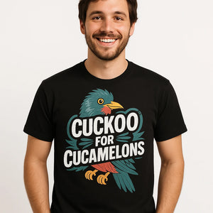 Close-up of the "Cuckoo for Cucamelons" green print on a premium Bella+Canvas black cuckoo t shirt