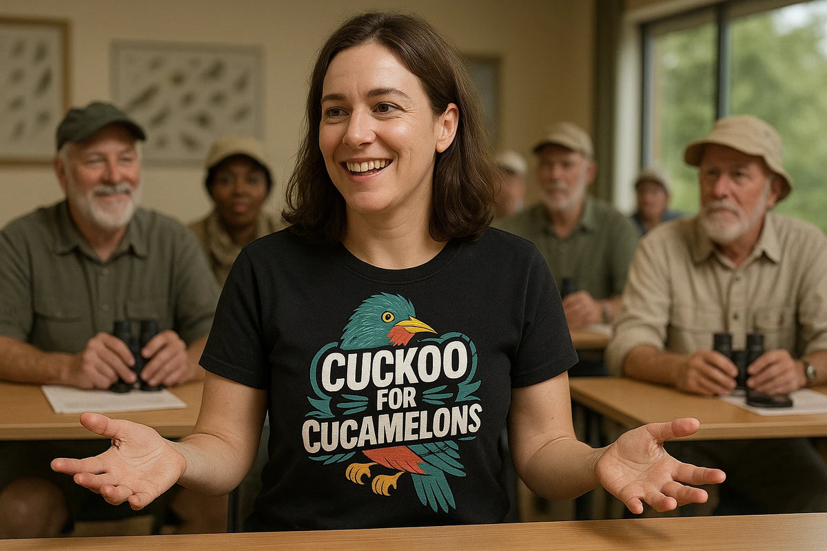 Lifestyle shot of the "Cuckoo for Cucamelons" black cuckoo t shirt in a real-world setting