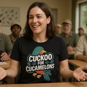 Lifestyle shot of the "Cuckoo for Cucamelons" black cuckoo t shirt in a real-world setting