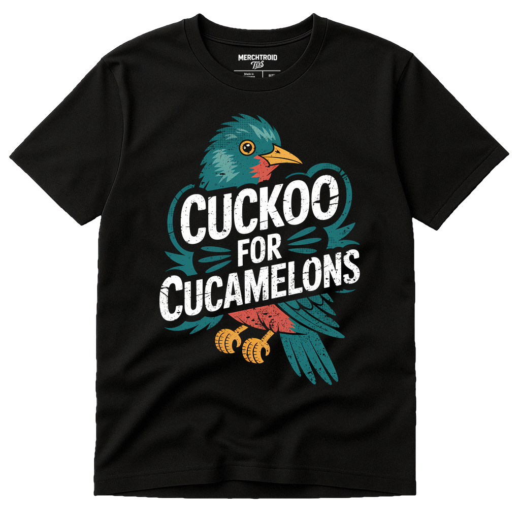 Black Cuckoo T Shirt - "Cuckoo for Cucamelons" graphic tee with green print, flat lay product photo