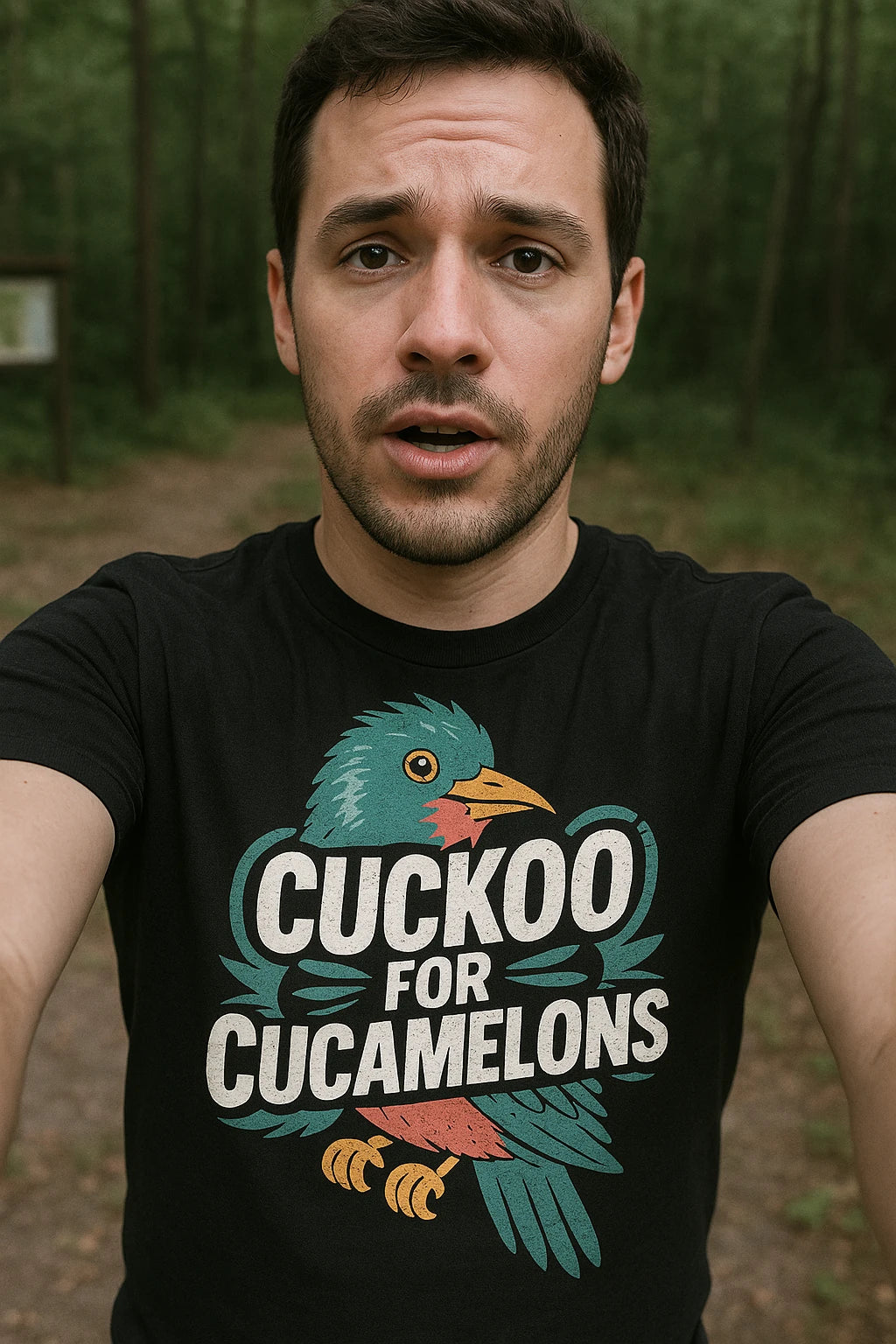 "Cuckoo for Cucamelons" black cuckoo t shirt, photographed as cuckoo lover gift