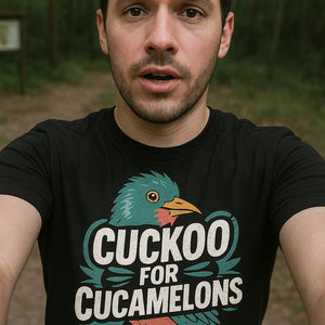 "Cuckoo for Cucamelons" black cuckoo t shirt, photographed as cuckoo lover gift