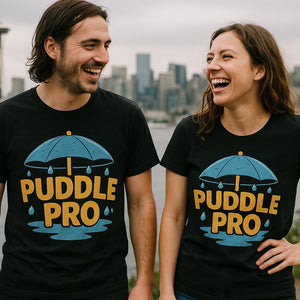 Person wearing the black rain forest shirts graphic tee - "Puddle Pro" design