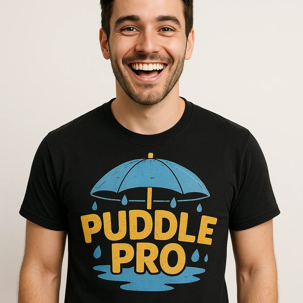 Close-up of the "Puddle Pro" teal print on a premium Bella+Canvas black rain forest shirts