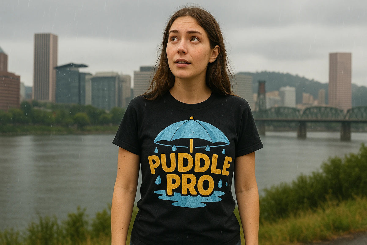 Lifestyle shot of the "Puddle Pro" black rain forest shirts in a real-world setting