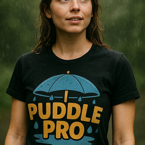 "Puddle Pro" black rain forest shirts, photographed as gifts for rain lovers