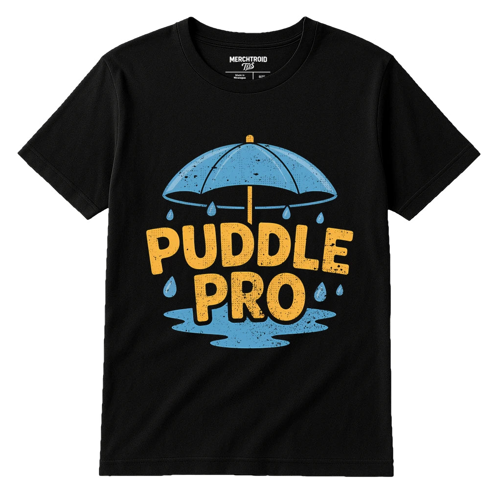 Black Rain Forest Shirts - "Puddle Pro" graphic tee with teal print, flat lay product photo
