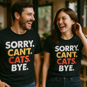 Person wearing the black funny t shirts for cat lovers graphic tee - "Sorry. Cant. Cats. Bye." design