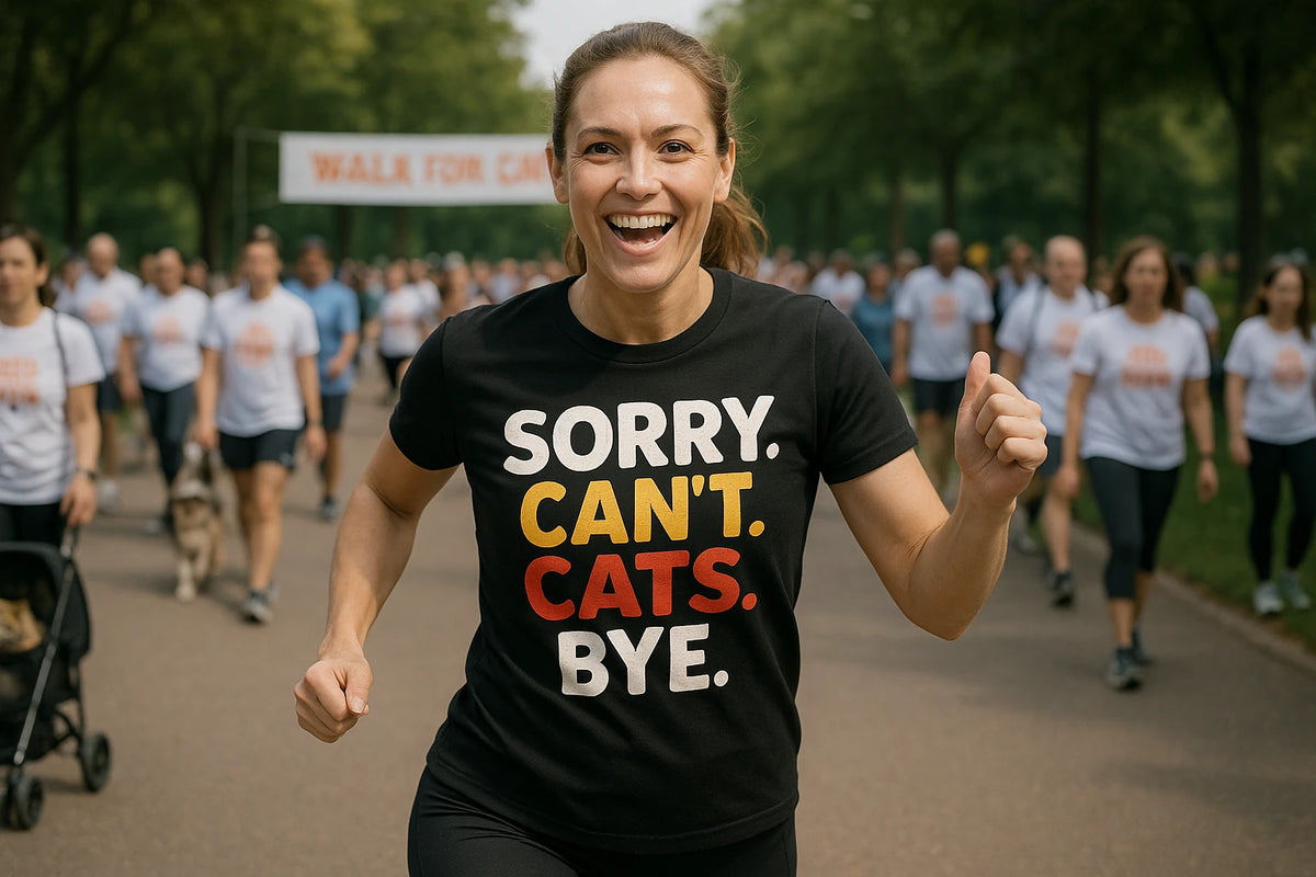 Lifestyle shot of the "Sorry. Cant. Cats. Bye." black funny t shirts for cat lovers in a real-world setting