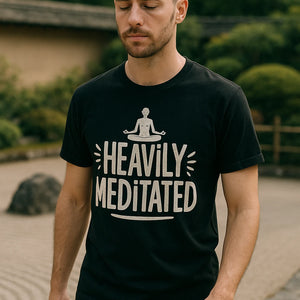 "Heavily Meditated" black meditation shirts - also one of the gifts for yoga and meditation lovers