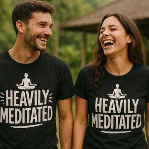Person wearing the black meditation shirts graphic tee - "Heavily Meditated" design