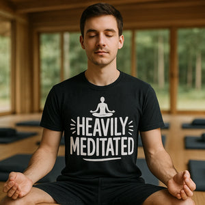 Lifestyle shot of the "Heavily Meditated" black meditation shirts in a real-world setting