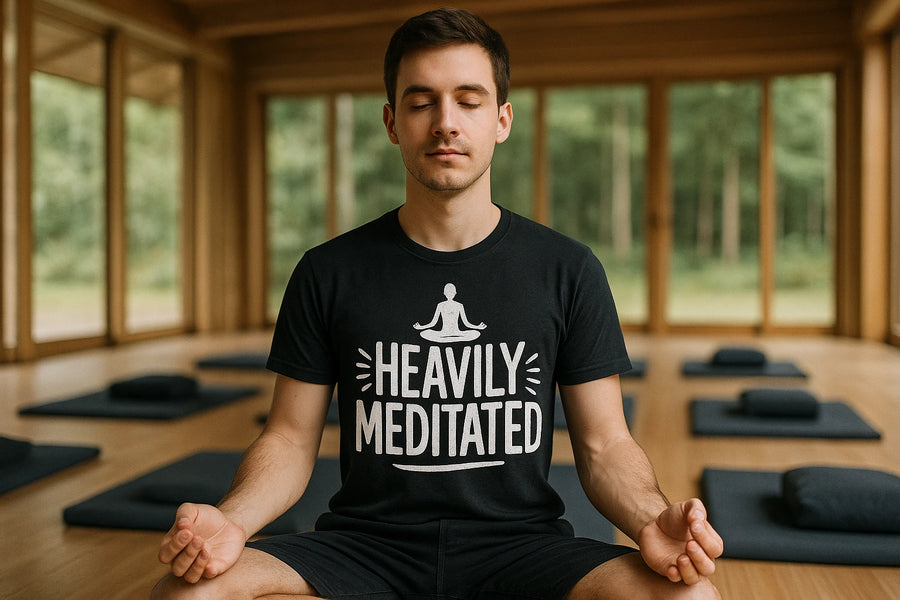 A person sits cross-legged in a meditation pose inside a serene room with large windows. They are wearing a black T-shirt with a design of a meditating figure above the words "HEAVILY MEDITATED". Meditation cushions are visible in the background.