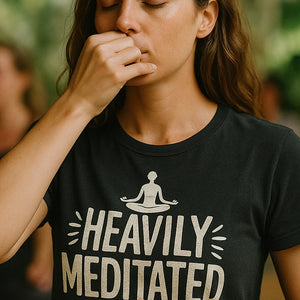 "Heavily Meditated" black meditation shirts, photographed as gift for meditation lover