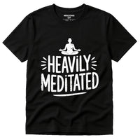 A black t-shirt with a graphic design featuring a person in a meditative pose above the text 