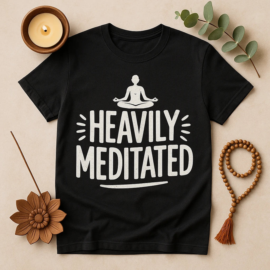 A black t-shirt with the text "HEAVILY MEDITATED" in white, featuring a small illustration of a person in a meditation pose above the text. The shirt is positioned flat on a surface, surrounded by a lit candle, a wooden flower, a string of beads, and a sprig of eucalyptus leaves.