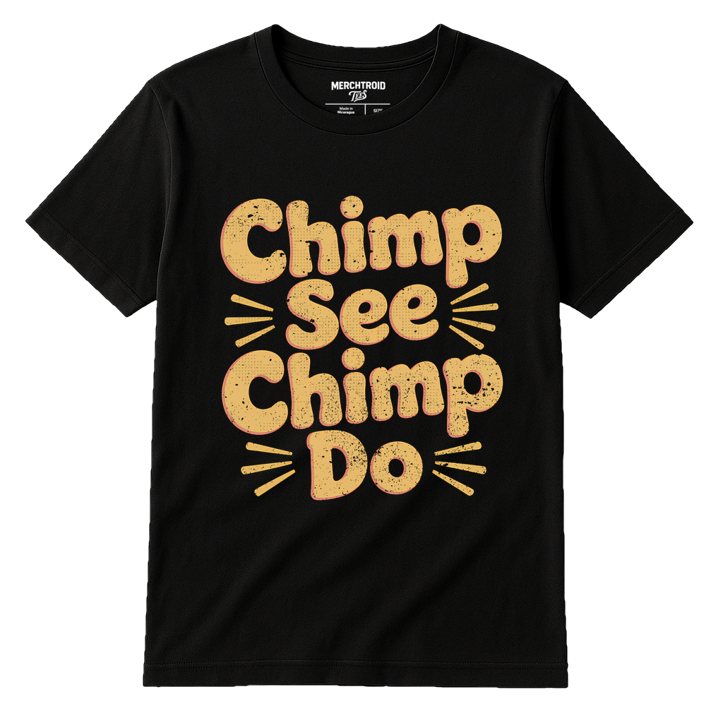 Black Chimpanzee T Shirt - "Chimp See Chimp Do" graphic tee with tan print, flat lay product photo