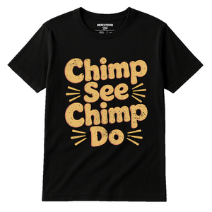 Black Chimpanzee T Shirt - "Chimp See Chimp Do" graphic tee with tan print, flat lay product photo