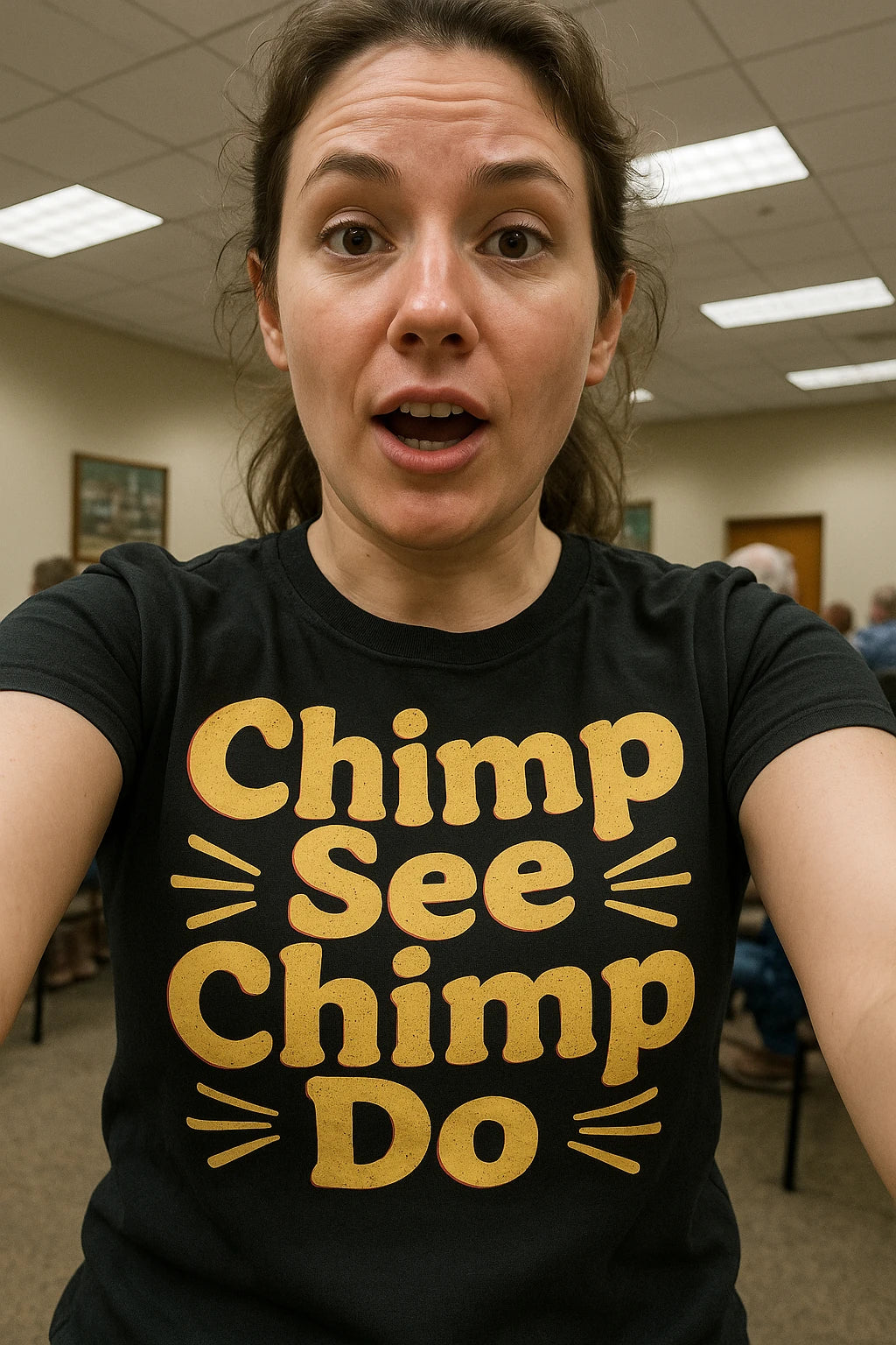 "Chimp See Chimp Do" black chimpanzee t shirt, photographed as chimpanzee lover gift