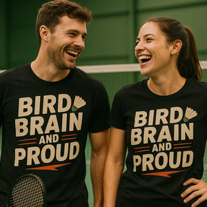 Person wearing the black badminton sports t shirt graphic tee - "Bird Brain and Proud" design