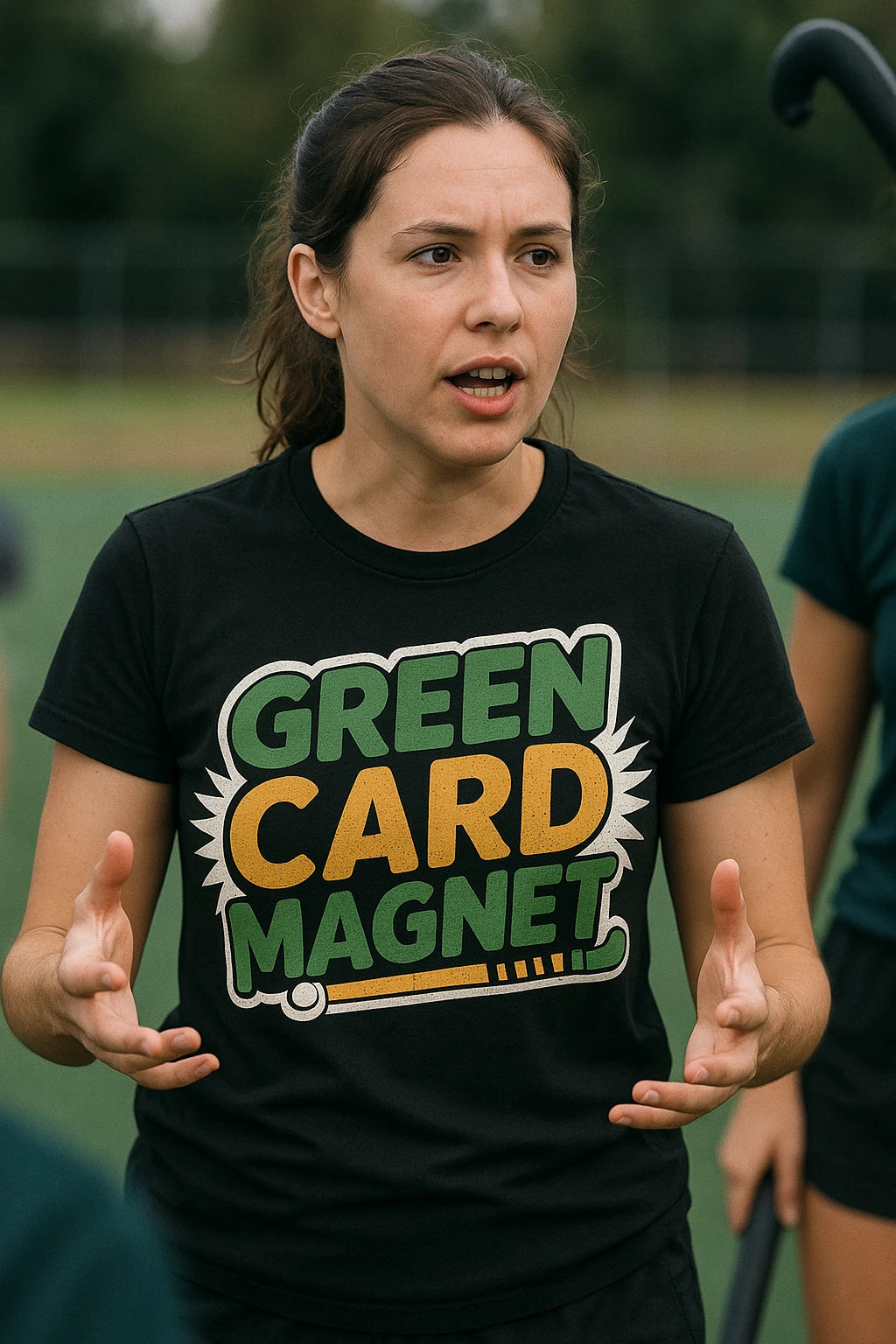 "Green Card Magnet" black field hockey t shirt, photographed as gifts for field hockey lovers
