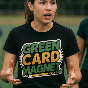 "Green Card Magnet" black field hockey t shirt, photographed as gifts for field hockey lovers