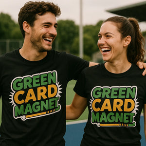 Person wearing the black field hockey t shirt graphic tee - "Green Card Magnet" design