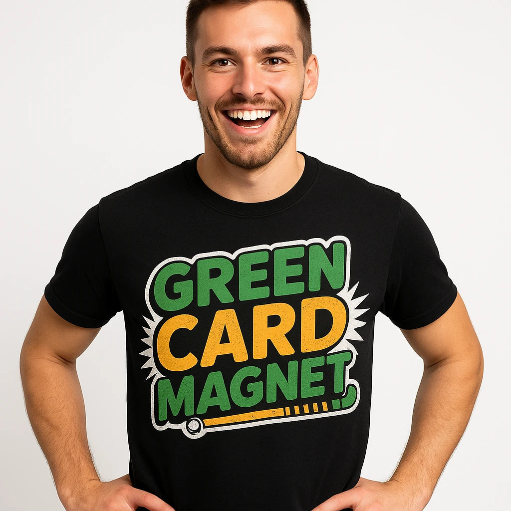 Close-up of the "Green Card Magnet" green print on a premium Bella+Canvas black field hockey t shirt