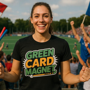 Lifestyle shot of the "Green Card Magnet" black field hockey t shirt in a real-world setting