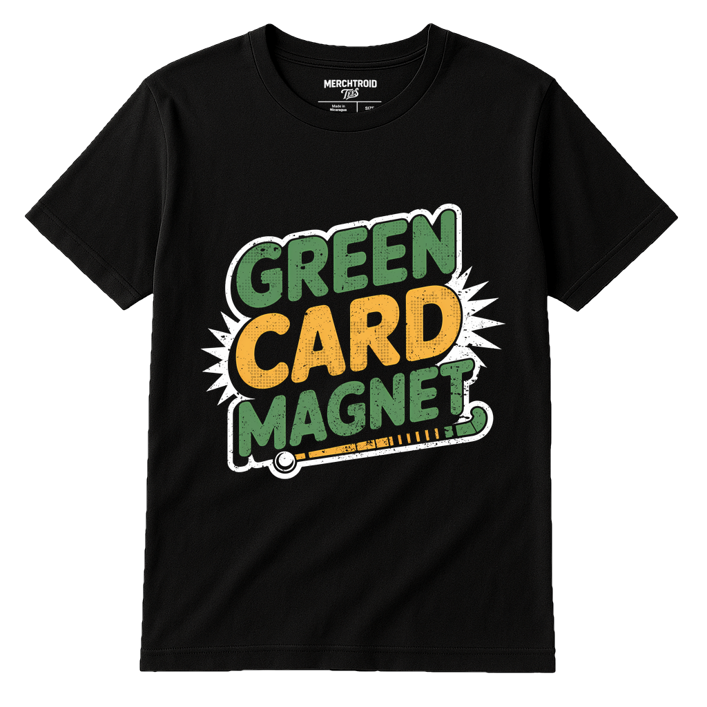 Black Field Hockey T Shirt - "Green Card Magnet" graphic tee with green print, flat lay product photo