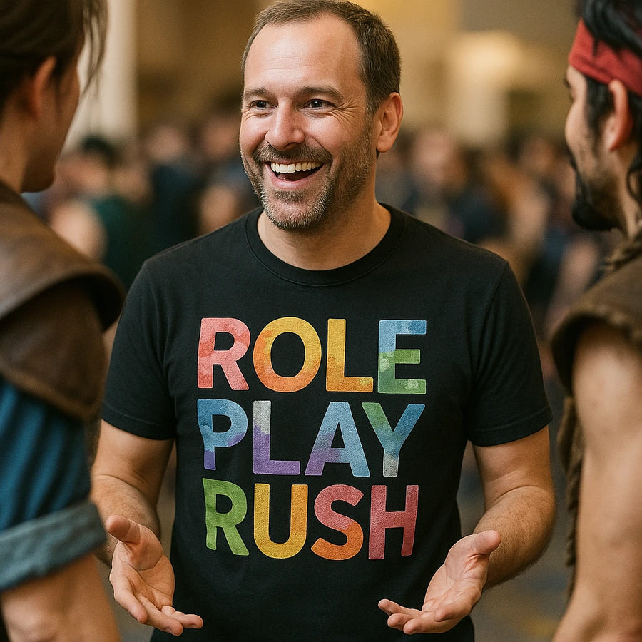 A man with short hair and a beard is smiling and engaging in conversation. He is wearing a black t-shirt with colorful text that reads "ROLE PLAY RUSH." He appears to be at an indoor event, with other people blurred in the background.