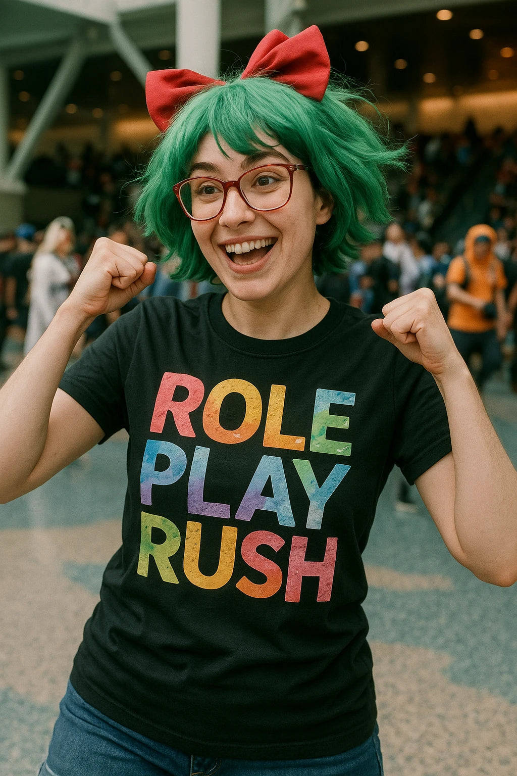 A person wearing a colorful t-shirt with the text "ROLE PLAY RUSH" stands in a lively indoor setting. They have green hair, glasses, and are wearing a large red bow. They appear excited and are posing with clenched fists.