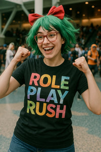 A person wearing a colorful t-shirt with the text 